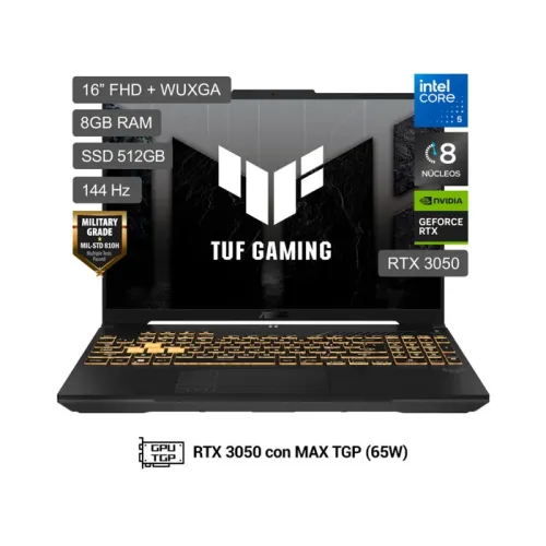 NB ASUS TUF FX607VJB-RL209 F16 16" WUXGA IPS, Core 5 210H hasta 4.8GHz/8GB DDR5/RTX 3050 6GB